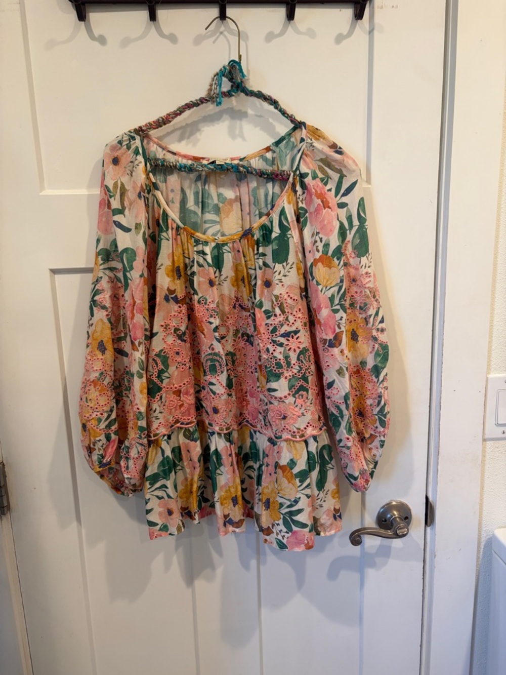 Floral Bohemian Peasant Blouse in Pink, Green & Yellow